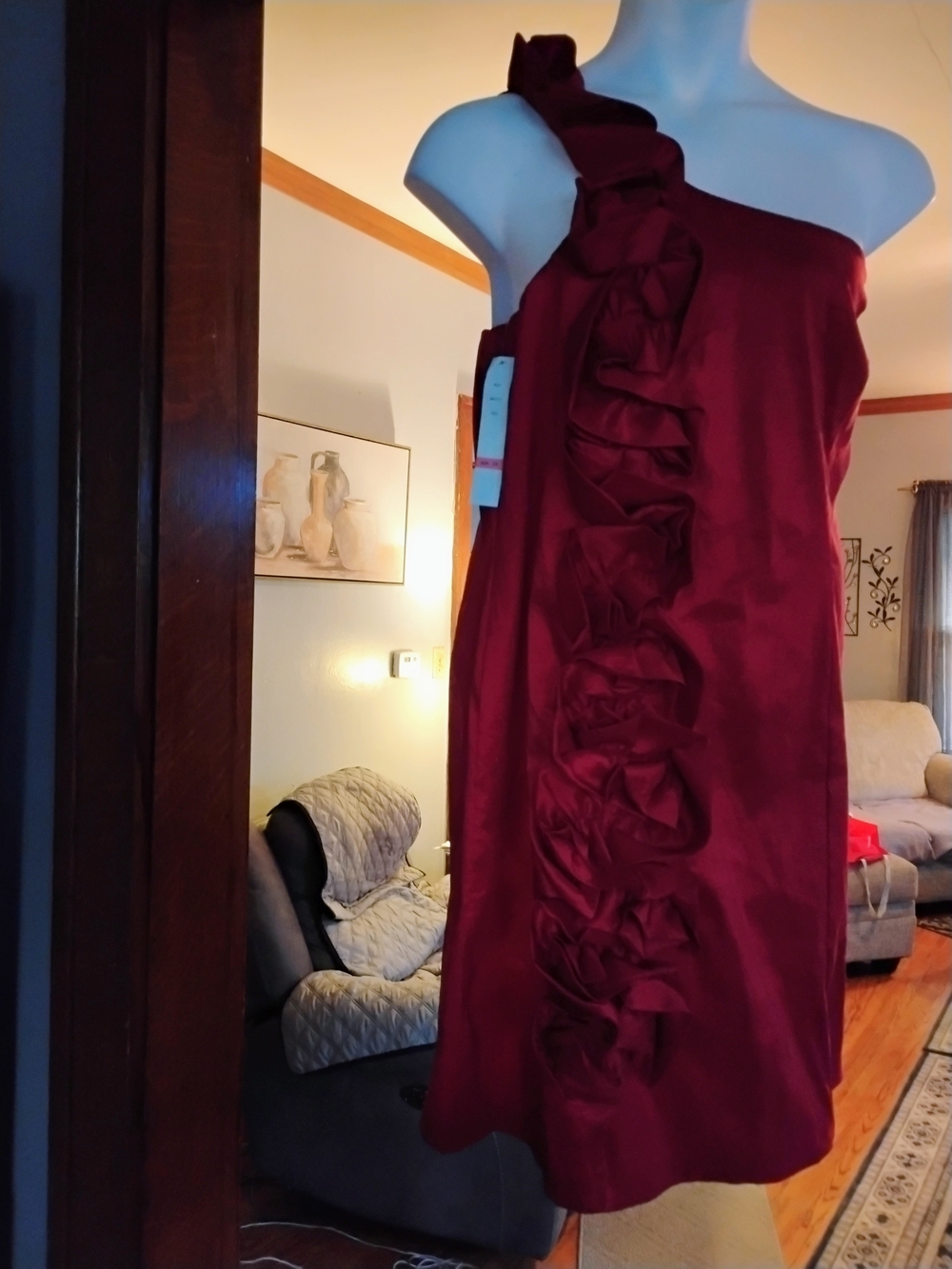Snap One-Shoulder Ruffle Cocktail Dress in Burgundy